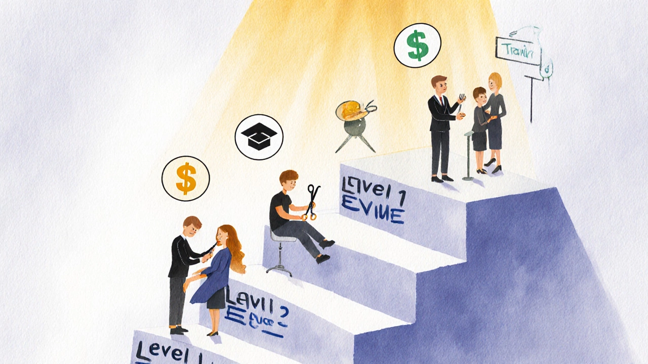 Staircase illustrating hairdressing career progression from beginner to senior stylist.