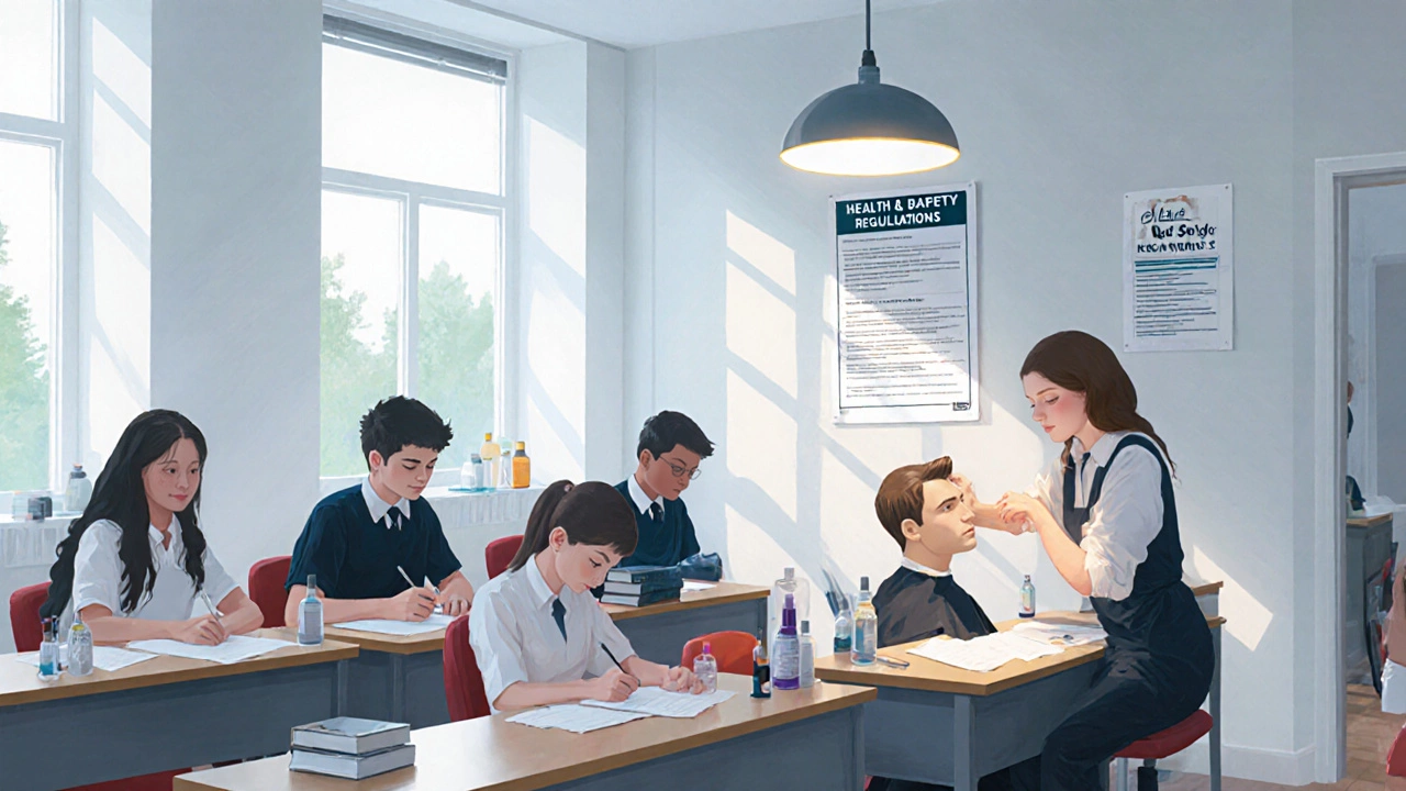 Students taking a written exam and practicing hairdressing on a mannequin in a college classroom.
