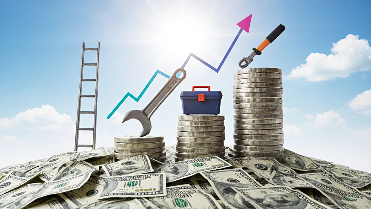 Tools rising from money with ladder to bright sky, symbolizing career growth.