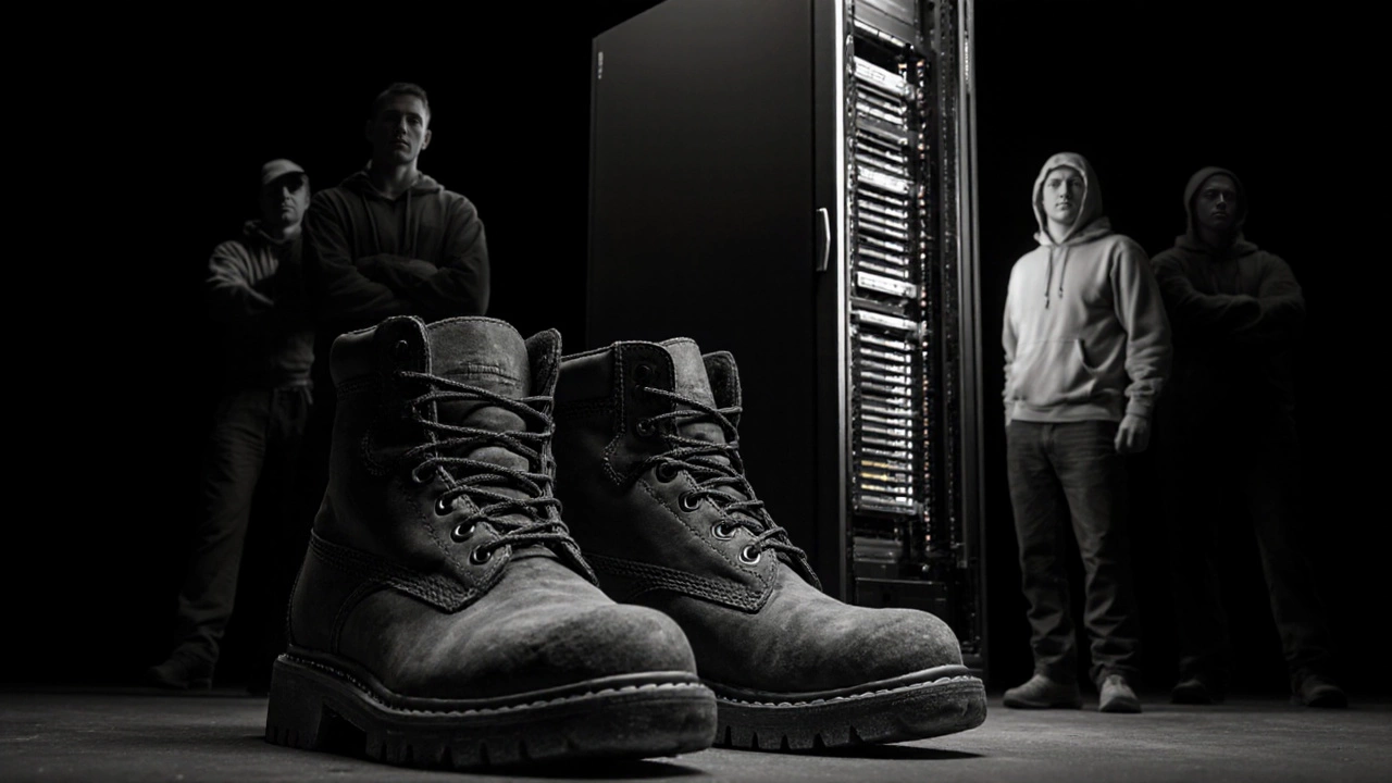 Work boots beside a server rack, with a cybersecurity analyst standing confidently in front.
