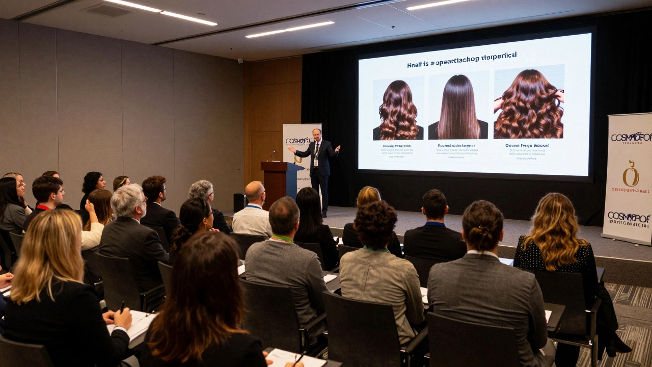 A Doctor of Cosmetology speaking at an international beauty expo, surrounded by an attentive professional audience.
