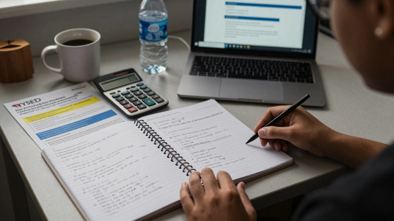 A person studies for the NYSED Teaching Assistant Assessment with notes and materials on a kitchen table.