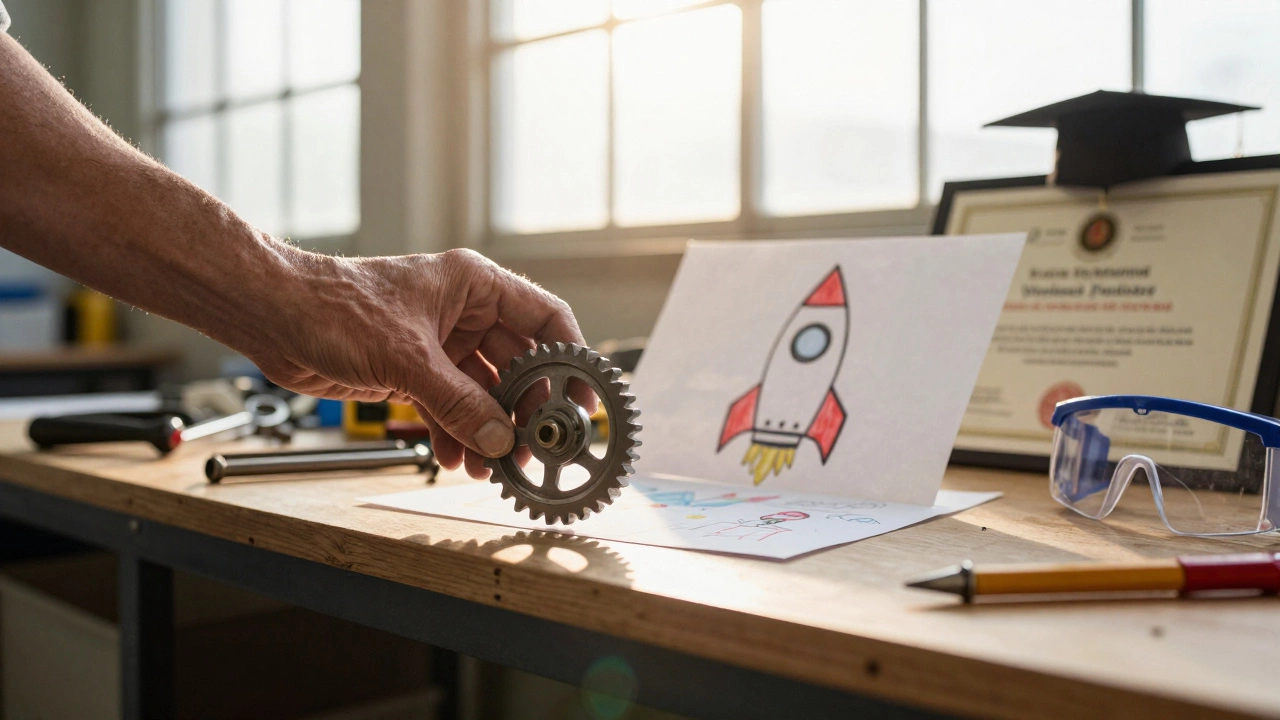 A skilled worker&#039;s hand placing a precision gear on a shelf beside a child&#039;s drawing of a rocket.