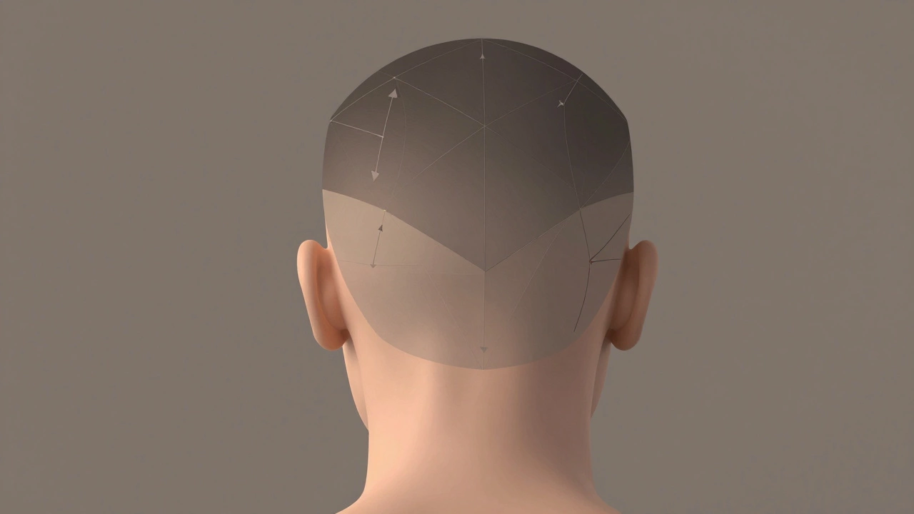 Abstract diagram of hair growth patterns and cutting angles on a head
