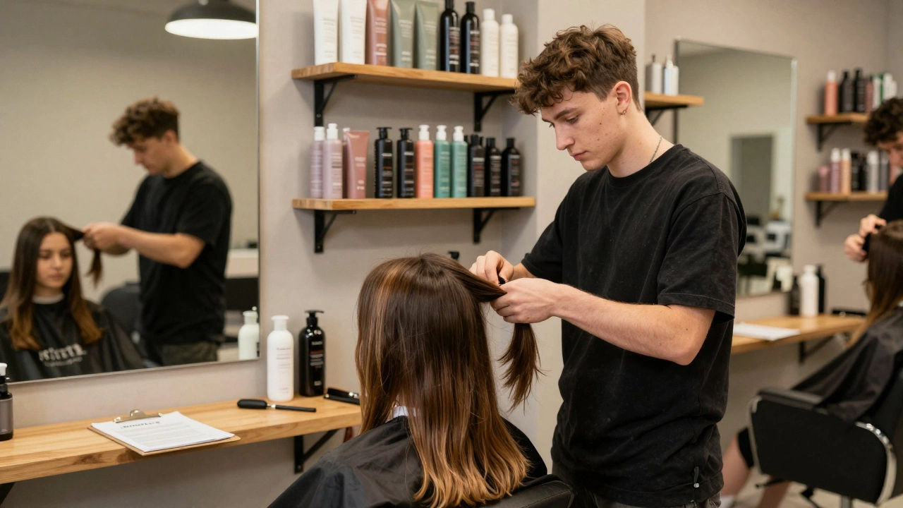 Apprentice hairdresser styling a client in a salon, senior stylist observing nearby.