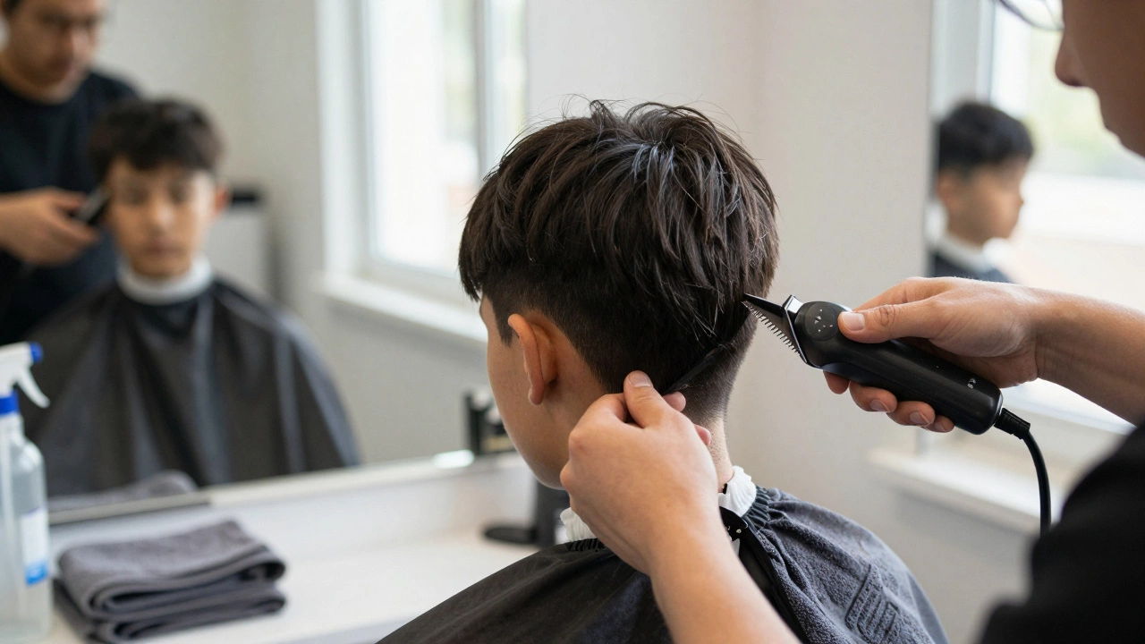 Beginner giving a buzz cut to a friend using clippers, mirrors showing side profiles
