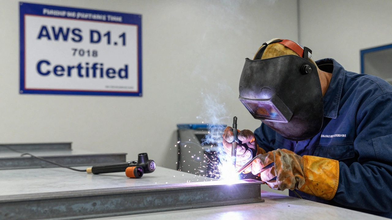 Certified welder performing an overhead 7018 weld with certification poster in background.