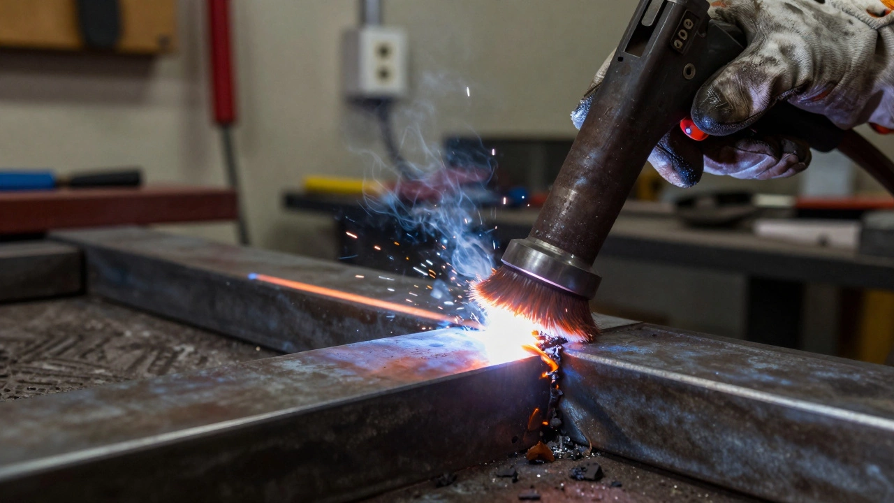 Close-up of a glowing weld bead cooling on steel, with wire brush removing slag.