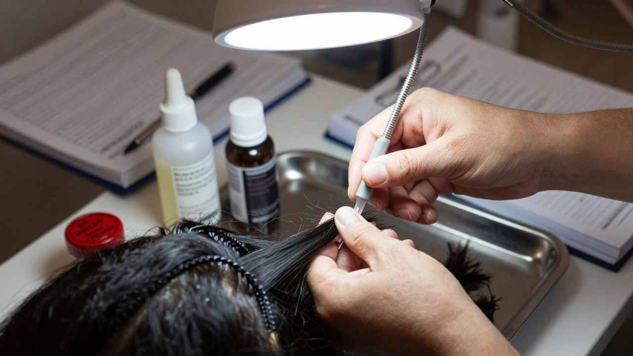 Close-up of hands applying advanced hair reconstruction treatment with scientific tools and case study notes nearby.