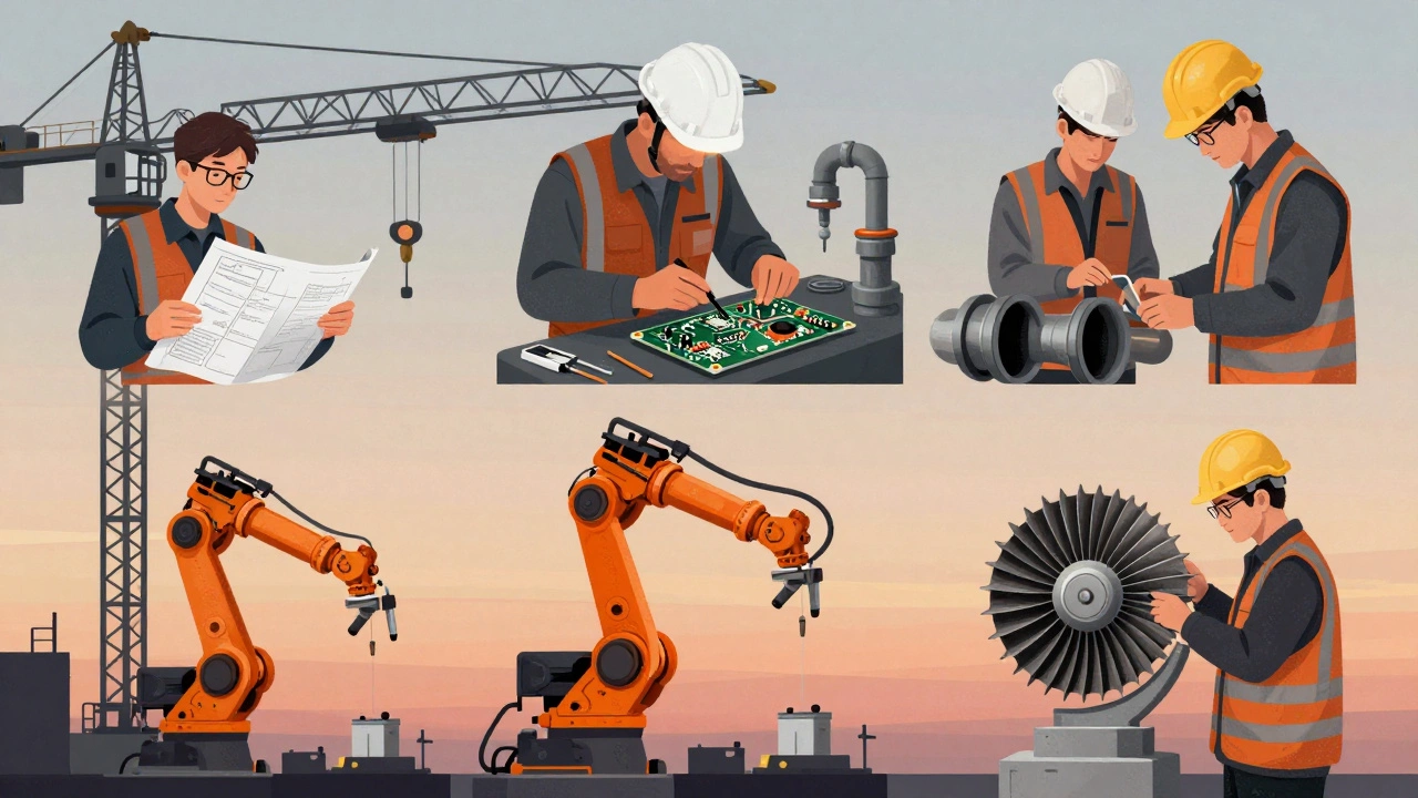 Five engineering apprentices engaged in different tasks: welding, soldering, inspecting, operating robotics, and measuring parts.