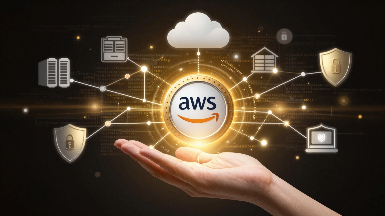Glowing AWS Professional badge with digital pathways branching into a thriving tech ecosystem.