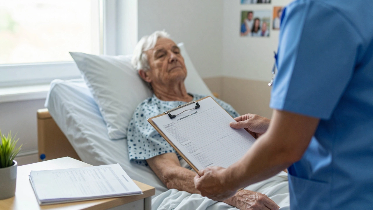 Healthcare assistant assisting an elderly resident with completed NVQ documentation on the bedside table.