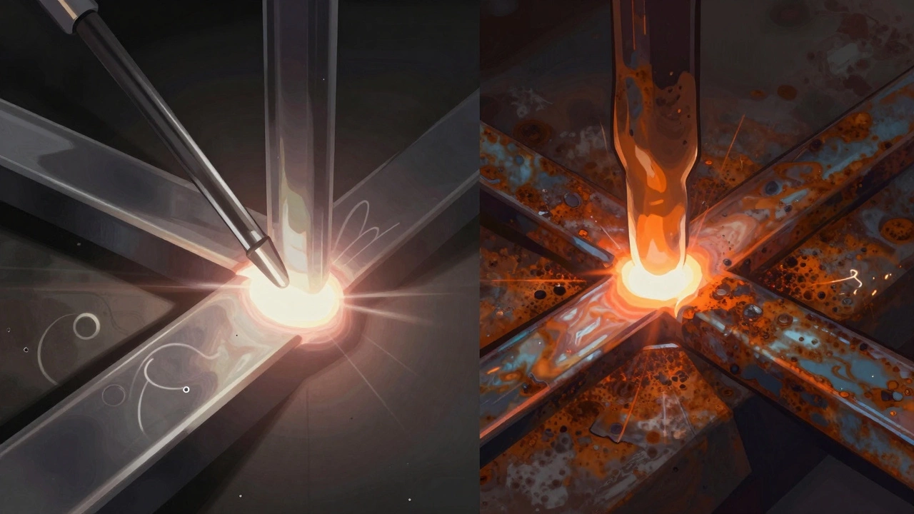 Side-by-side comparison of MIG and 7018 welds on clean versus rusted steel.