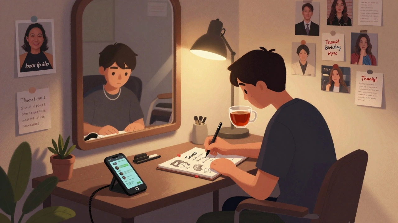 Stylist writing a handwritten birthday note to a client in a quiet, lamp-lit salon after hours.