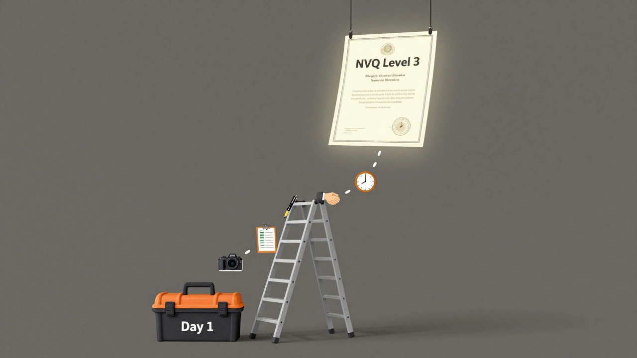 Symbolic ladder from toolbox to NVQ certificate with icons representing documentation steps.