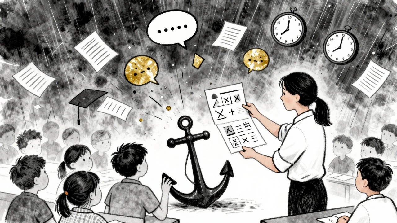 Teaching assistant as a calm anchor in a chaotic classroom, supporting a child with gentle hands.