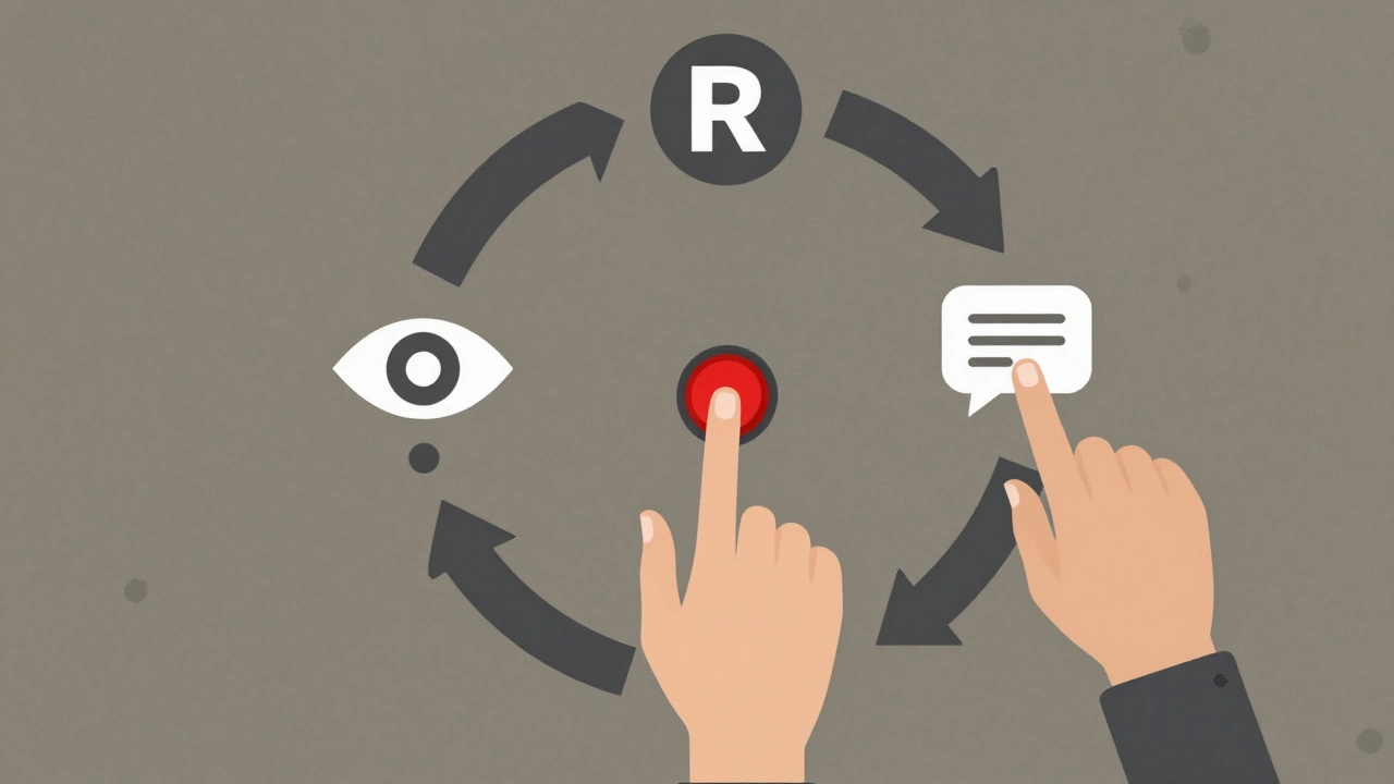 Three hands form a chain symbolizing recognize, reduce, and report in workplace safety.