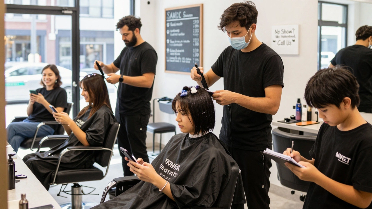 Three stylists working in a bustling urban salon on a busy Saturday morning, clients relaxed around them.