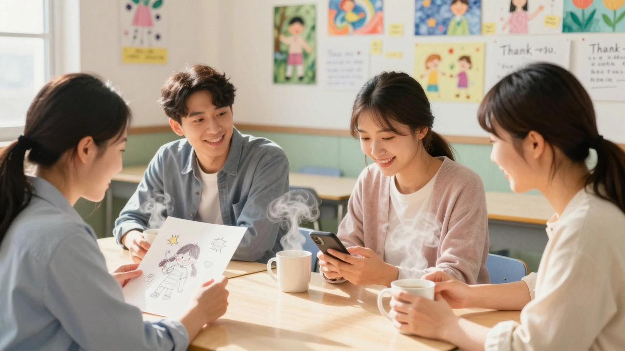 Three teaching assistants sharing tea and laughter in a break room filled with student artwork.