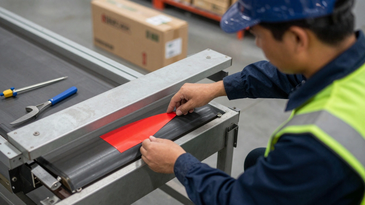 Warehouse worker places a red sticker on a broken conveyor belt guard to flag a hazard.
