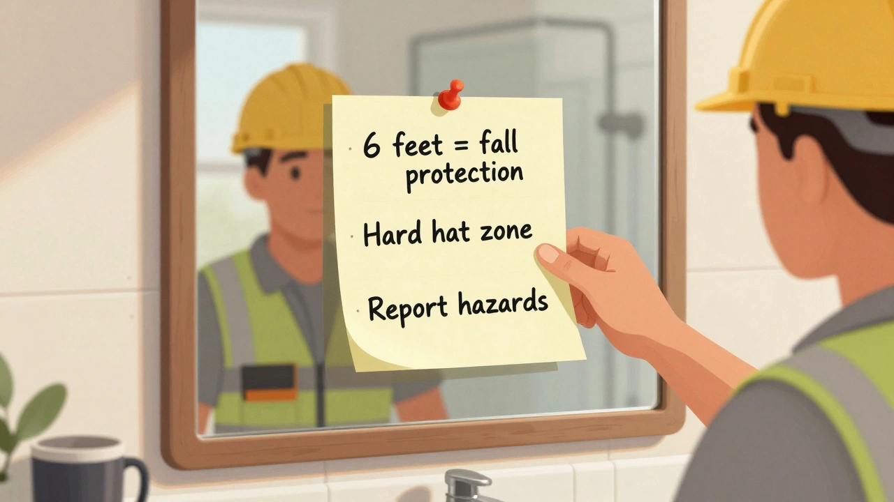 A sticky note with safety rules reflected on a bathroom mirror.