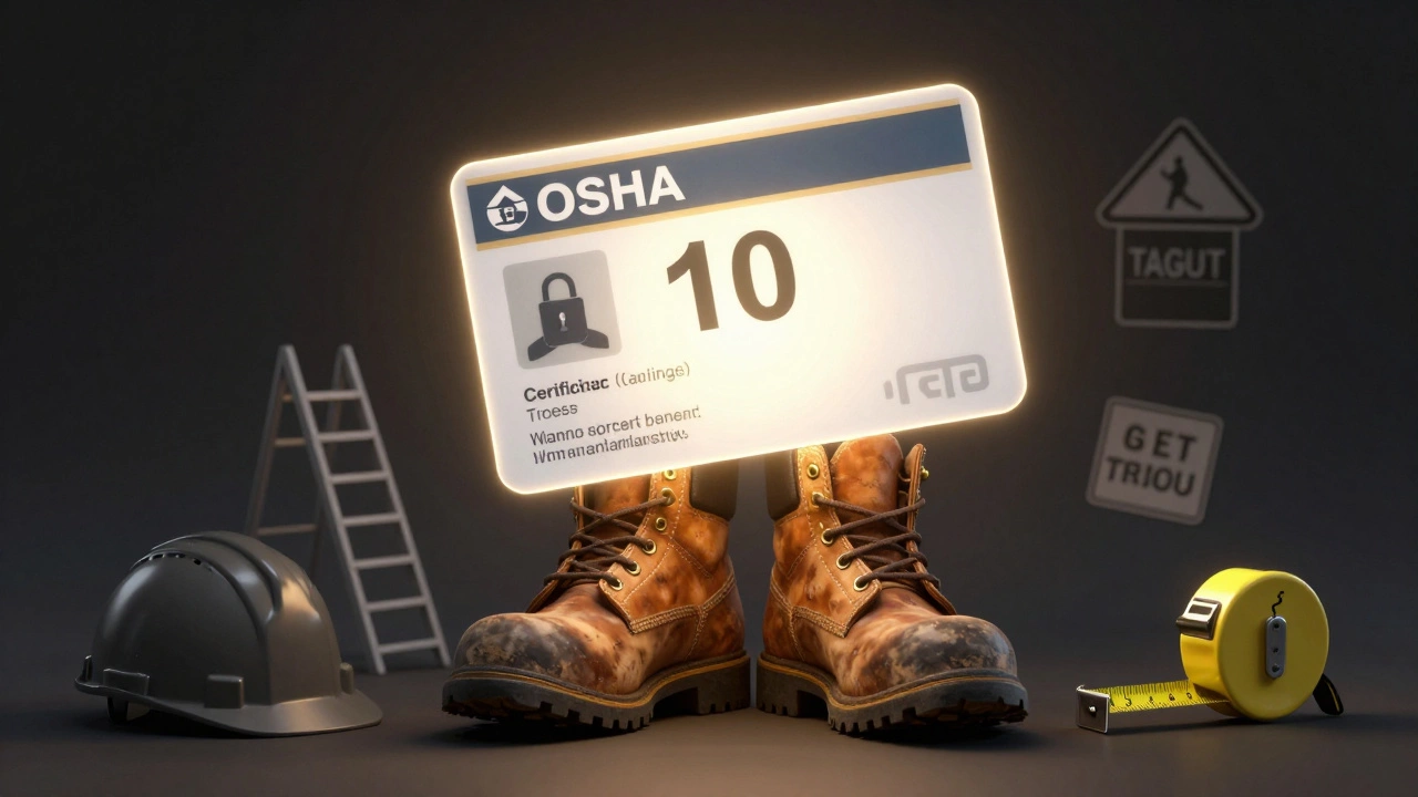 An OSHA 10 certification card glowing above work boots with safety icons.