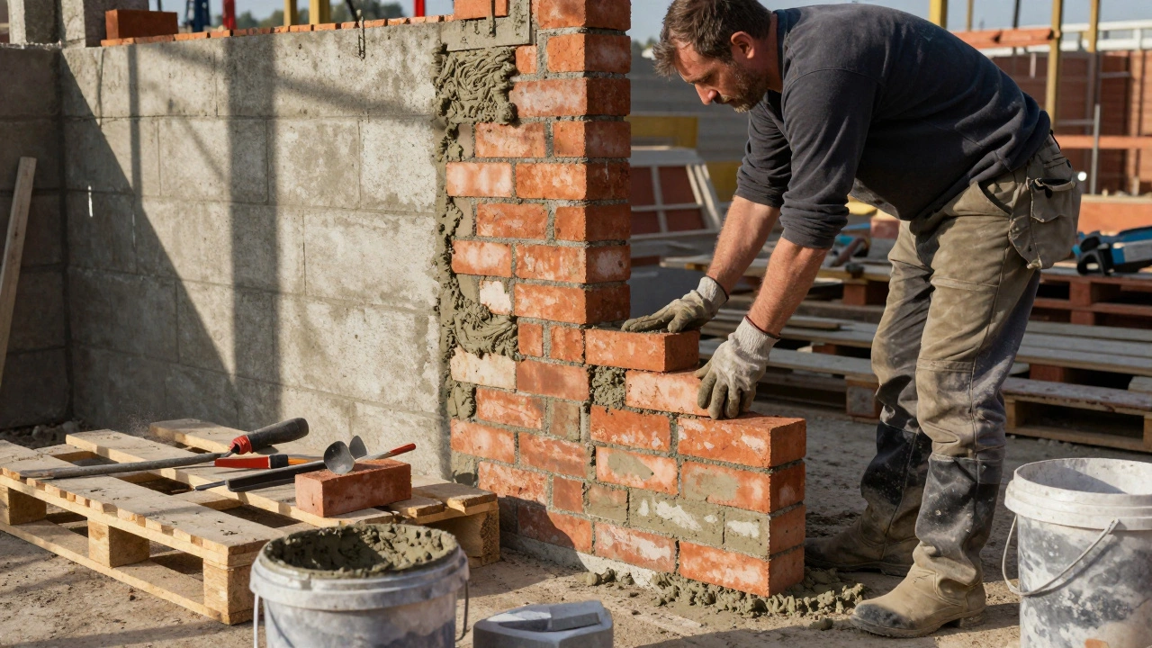 Apprentice bricklayer learning on-site under supervisor's guidance