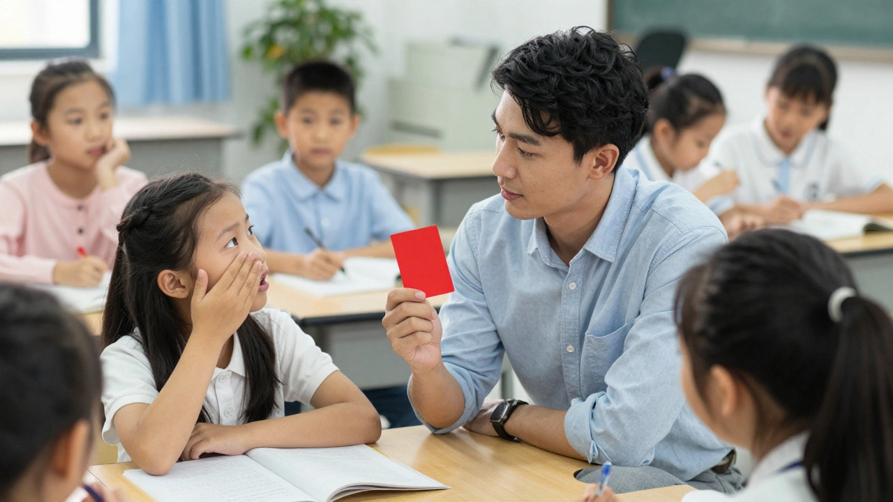 Assistant uses a red card to signal a break, helping a student calm down during group work.