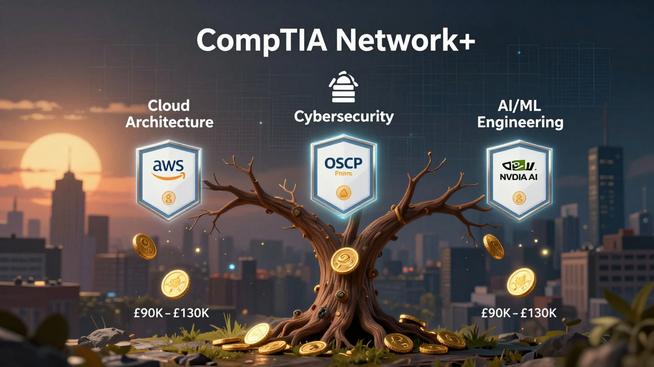 Branching career tree with cloud, cybersecurity, and AI certification badges glowing above it
