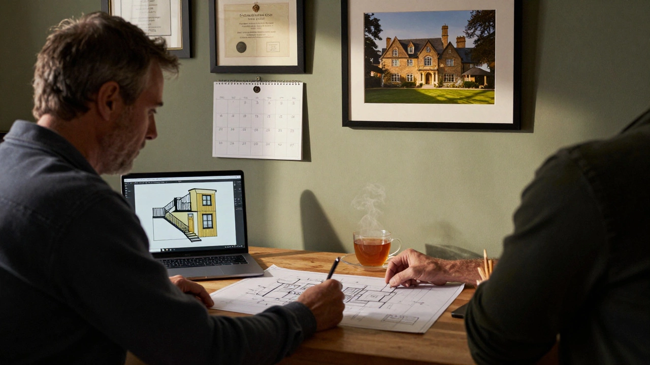 Carpenter reviewing blueprints at a wooden desk with heritage home photos on the wall.