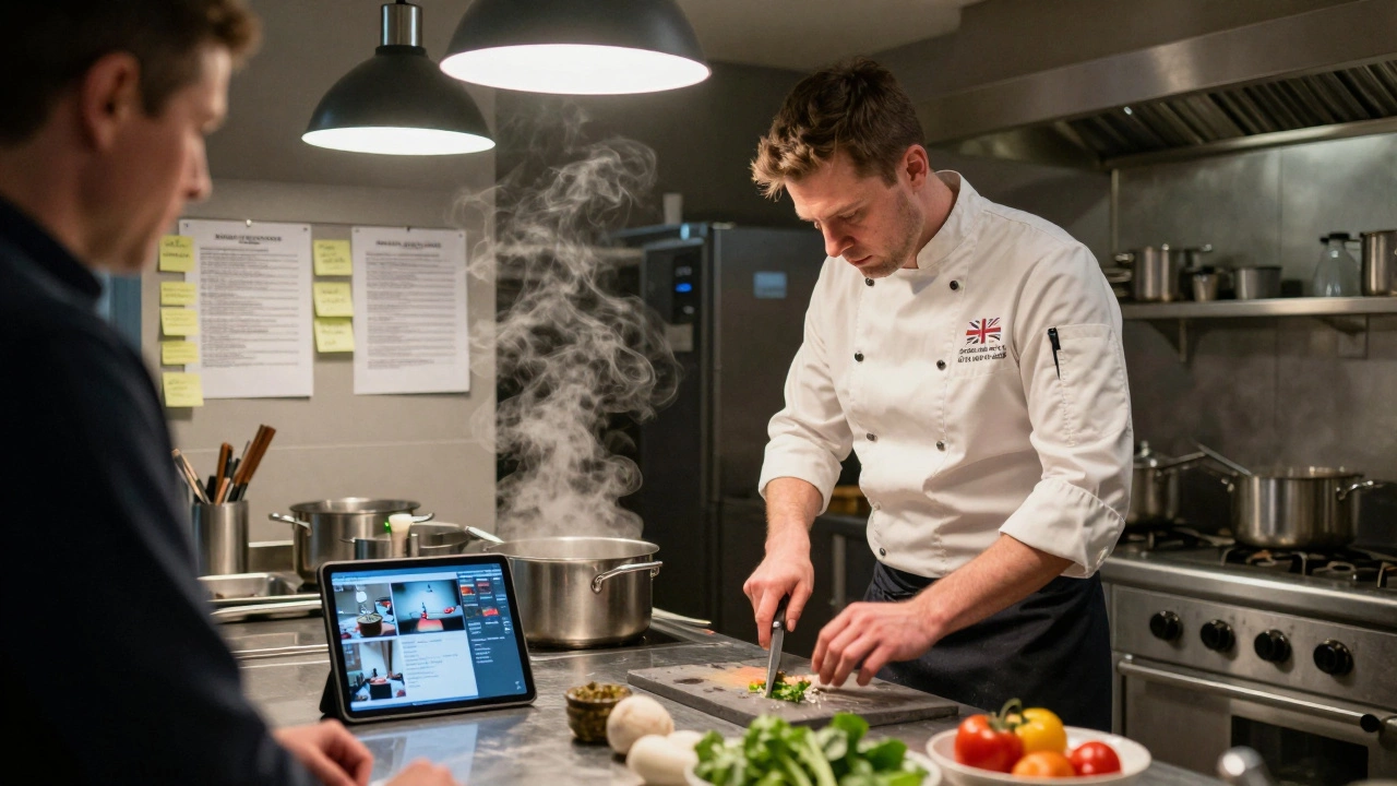 Chef demonstrating knife skills in a busy kitchen while assessor watches.