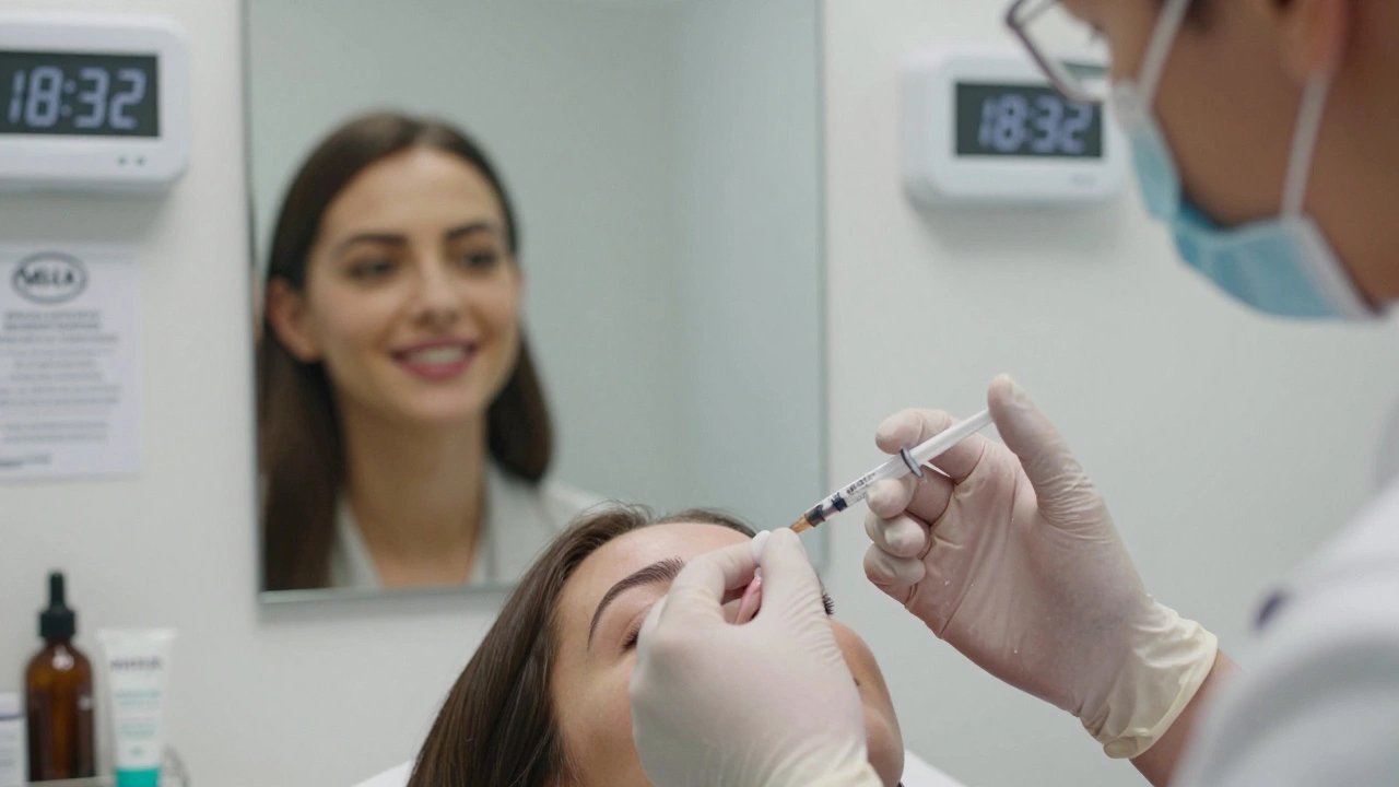 Close-up of hands injecting dermal fillers into lips under clinical lighting, client smiling in mirror reflection.