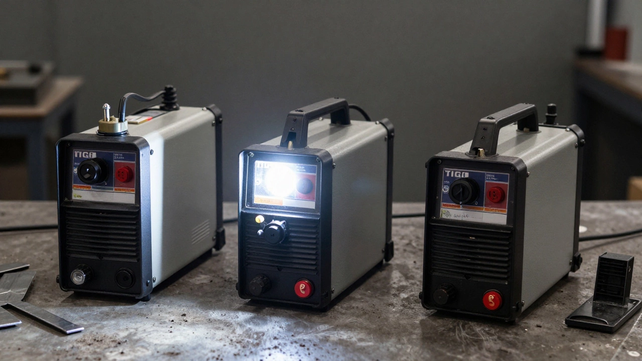 Comparison of MIG, stick, and TIG welders on a workbench with scrap metal.