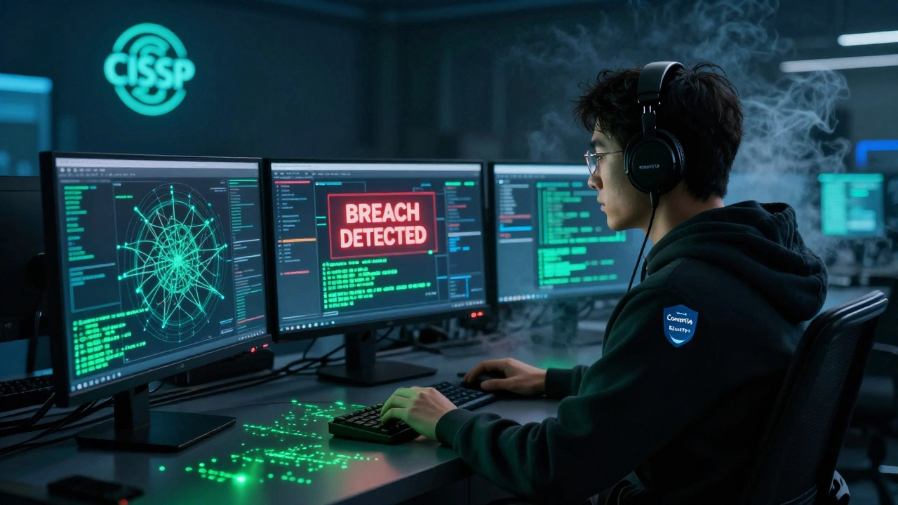 Cybersecurity analyst monitoring threat alerts in dark command center with CISSP logo visible