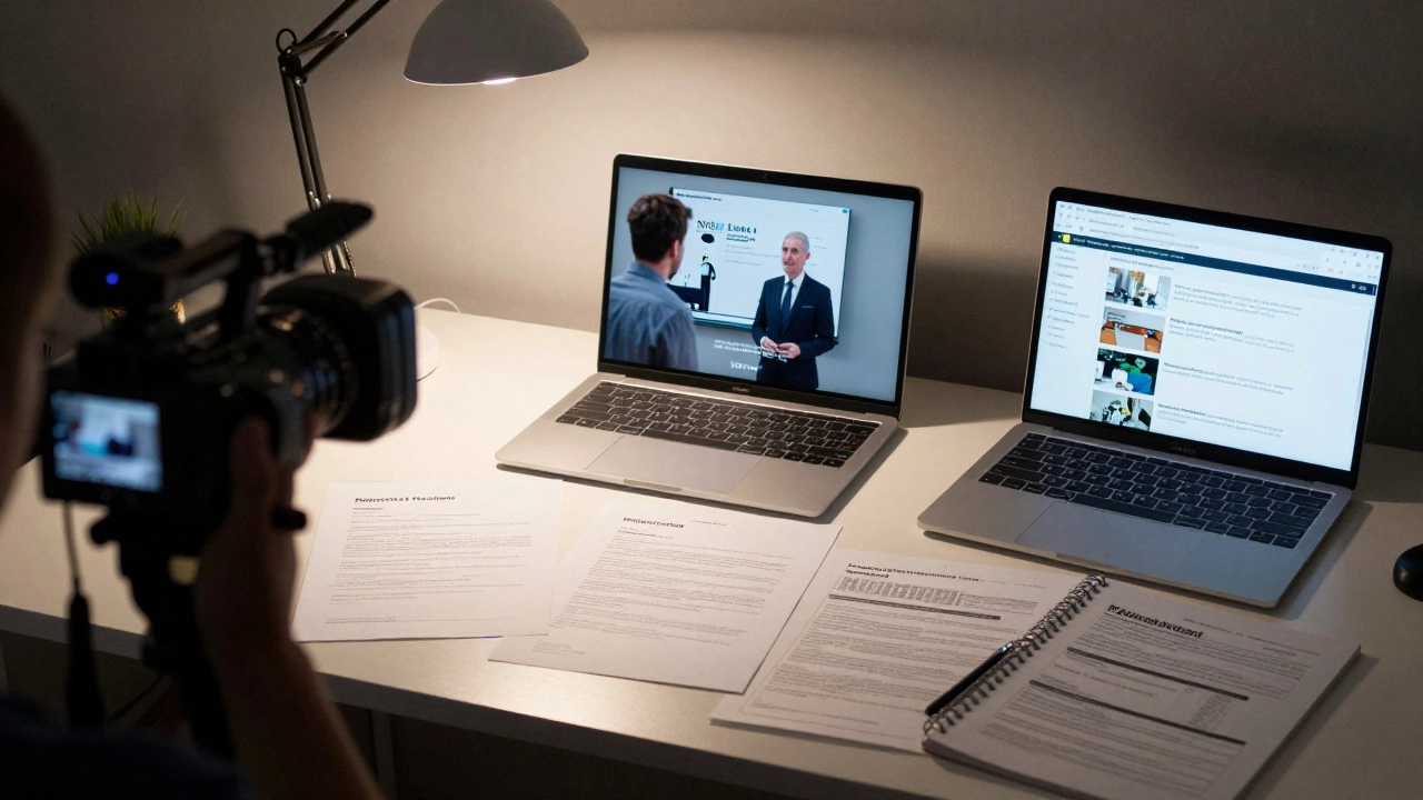 Desk filled with evidence of professional work: signed documents, training logs, and a recording device.