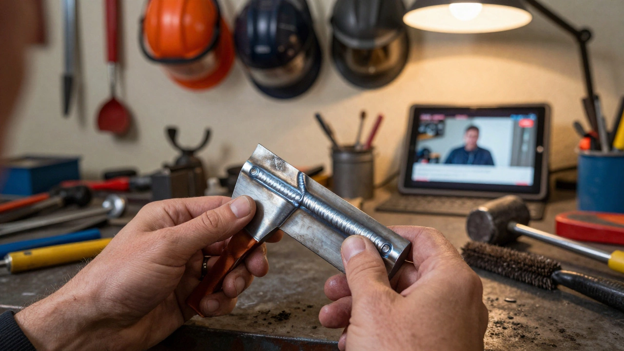 Hands holding a cooled weld joint with tools nearby in a tidy garage.