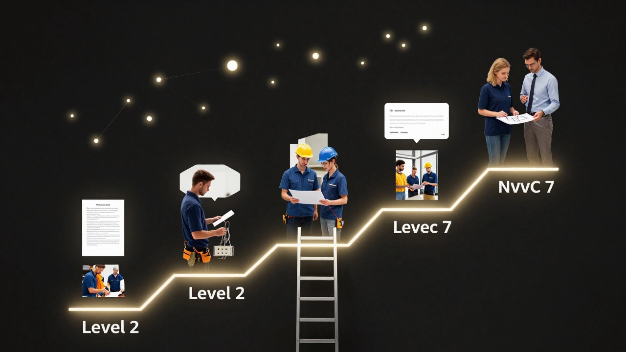 Ladder showing NVQ progression with work scenes and floating evidence icons.
