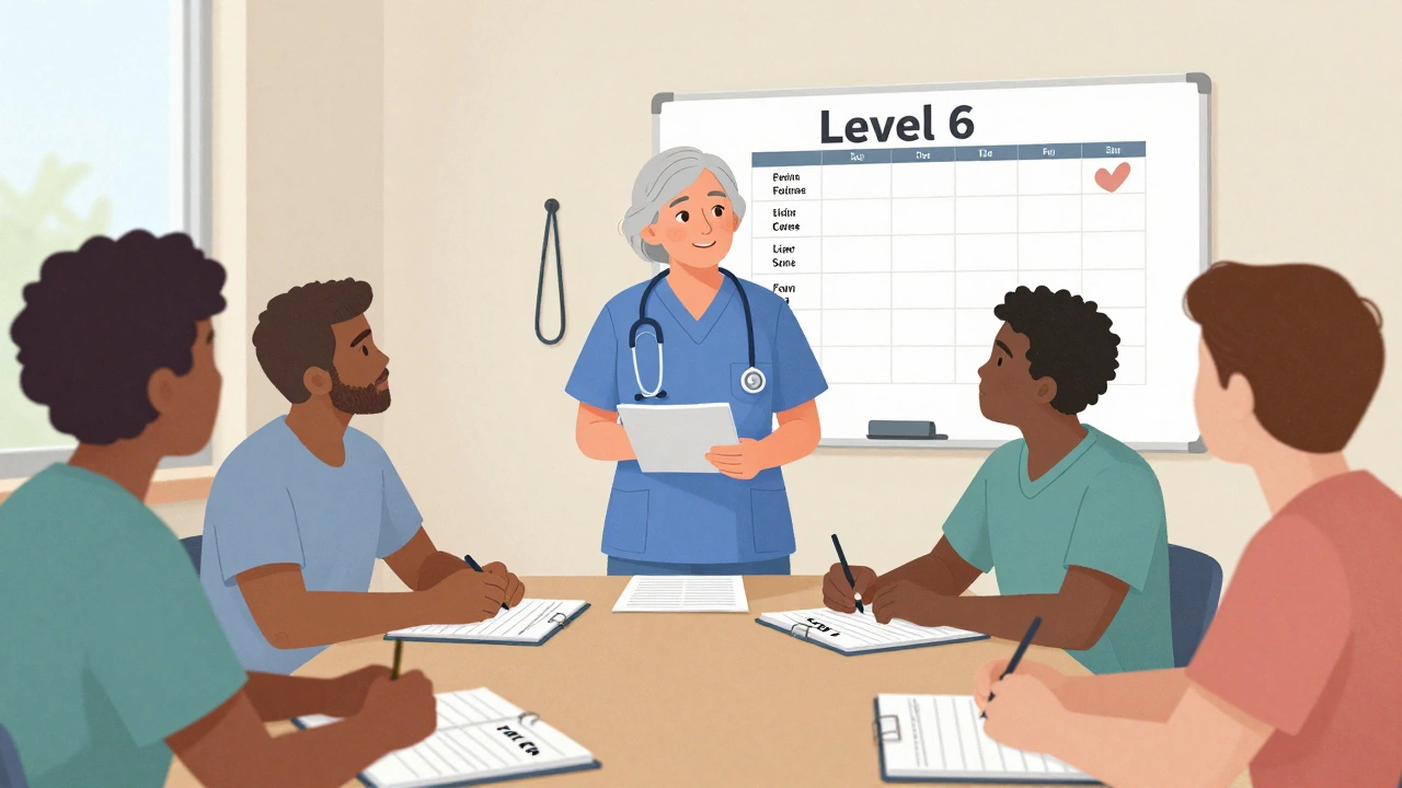 Senior nurse mentoring a junior colleague during a team meeting in a hospital break room.