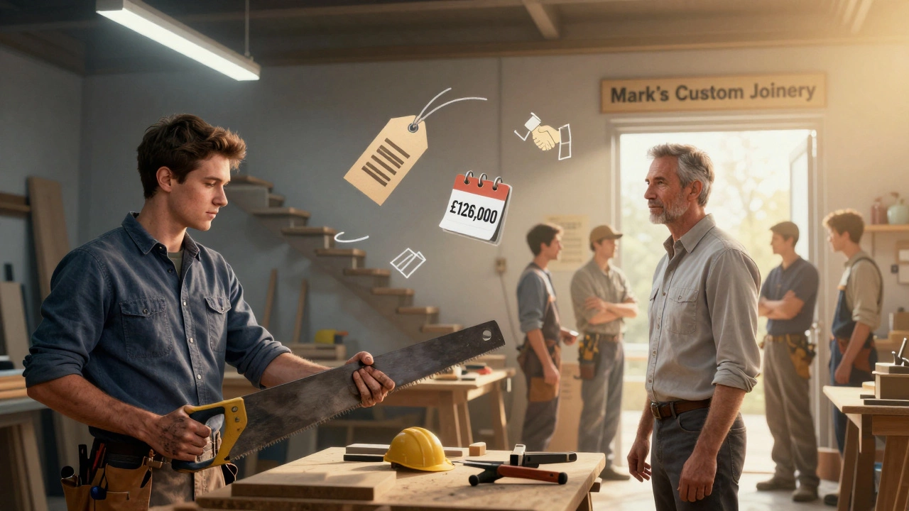 Split image showing a young apprentice on one side and a successful carpenter with his team on the other.