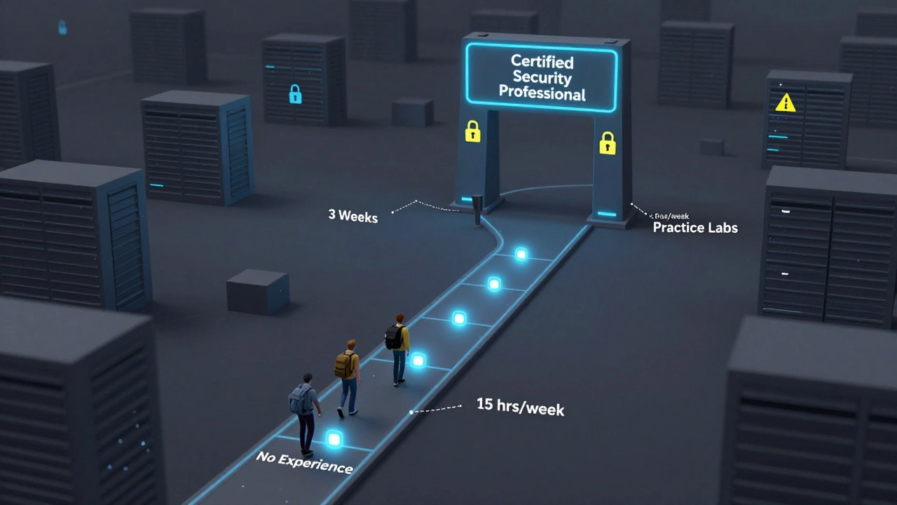 Symbolic path leading from 'No Experience' to 'Certified Professional' through digital security elements.