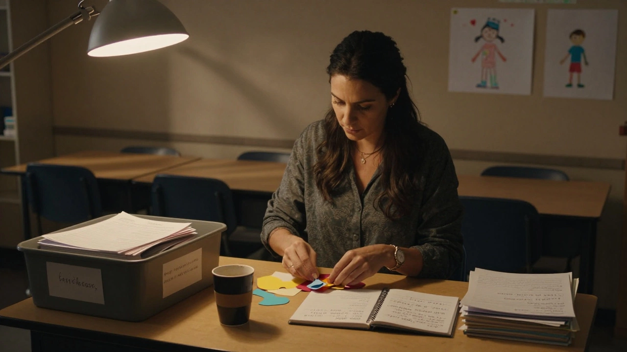 Teachers aide organizing classroom materials after school with notes and labeled bins.