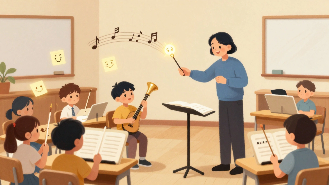 Teaching assistant as an orchestra section leader supporting a child with a broken instrument.