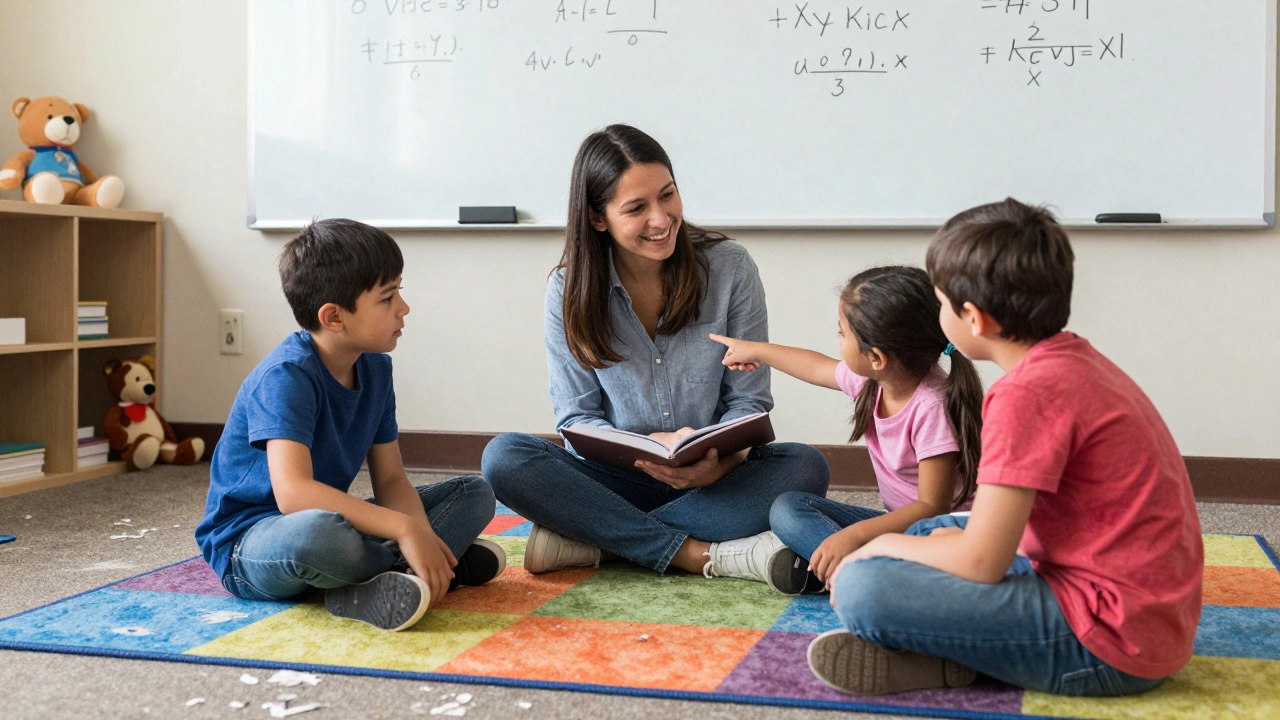 Teaching assistant sitting with three children reading on a colorful rug.