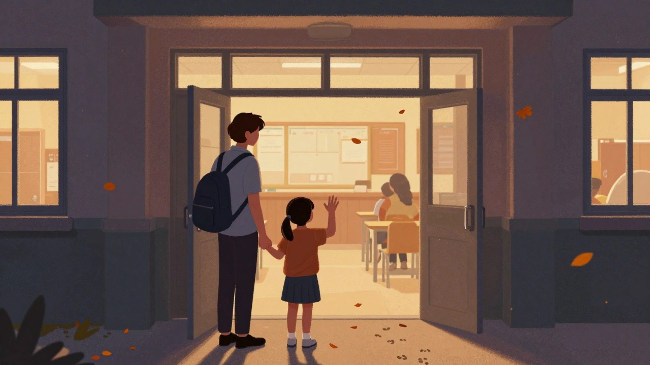 Teaching assistant waving goodbye to a child at school gate at dusk.