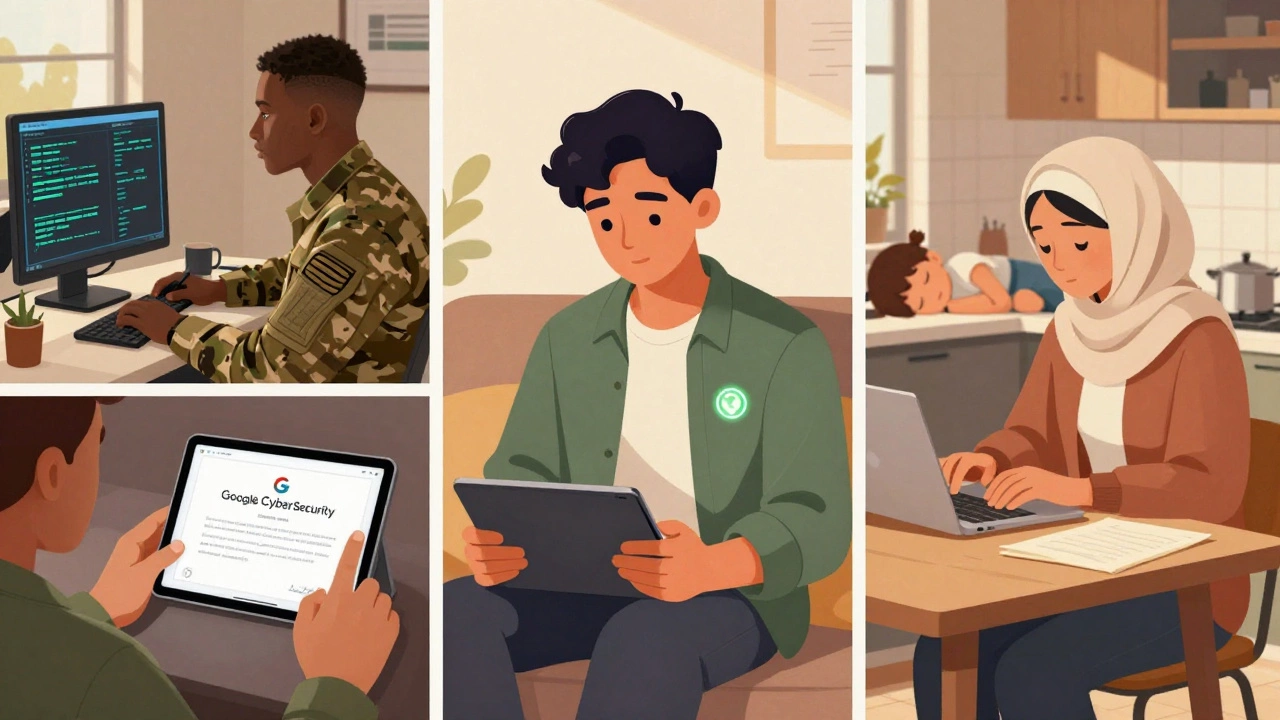 Three people from different backgrounds learning cybersecurity online in their everyday environments.