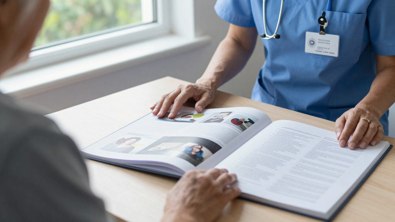 A care worker helping a resident with work logs and certification visible nearby, in a warm care home setting.