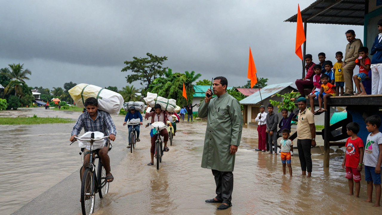 A District Magistrate directing flood relief in a Bihar village amid rising waters and emergency flags.