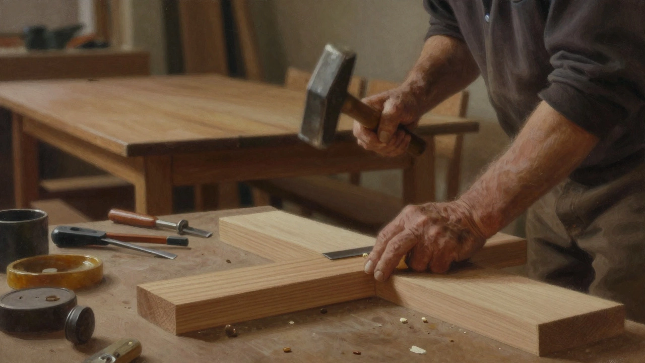 An experienced carpenter hand-jointing wood with a chisel, soft light highlighting the grain and quiet focus.