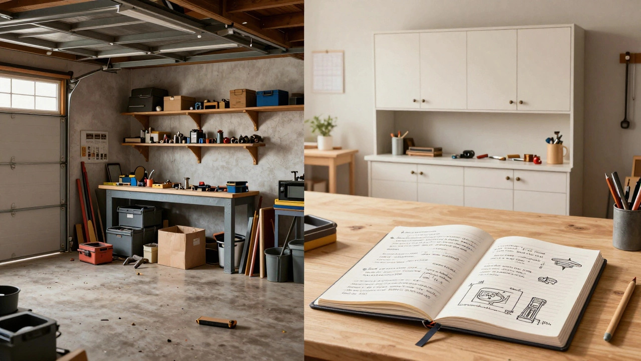 Before and after: a messy garage versus a clean, organized workshop with a finished cabinet and a journal of lessons learned.