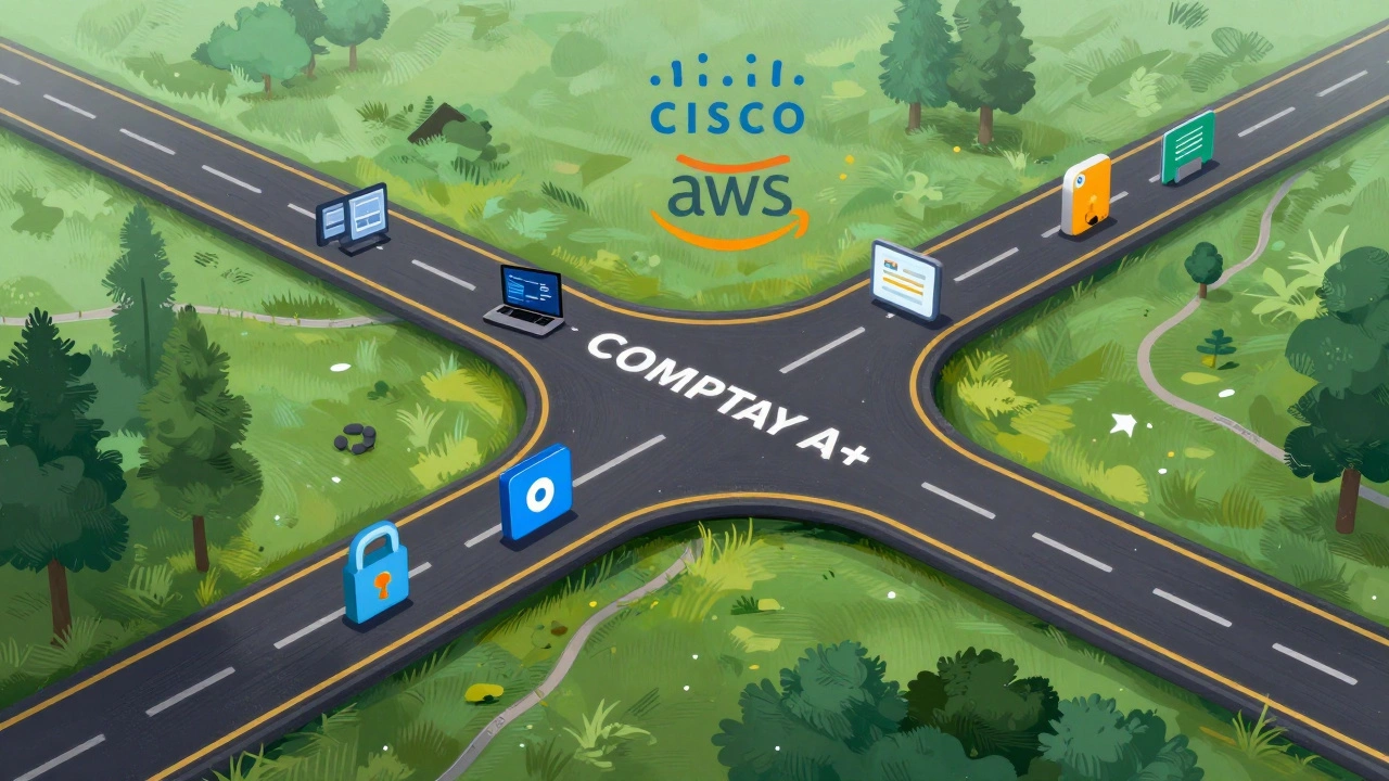 Conceptual road junction showing CompTIA A+ as broad career path